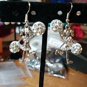 RHINESTONE Cheerleader Pom pom Silver Earrings